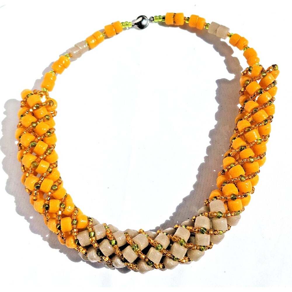 Chunky Artisan Beaded Collar 20" Necklace Yellow Ivory Sculptural Boho Statement